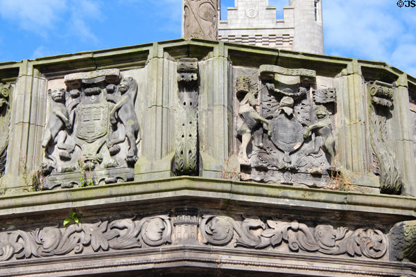 Mercat Cross parapet carving of arms of city & crown (1686) by John Montgomery of Old Rayne on Castlegate square. Aberdeen, Scotland.