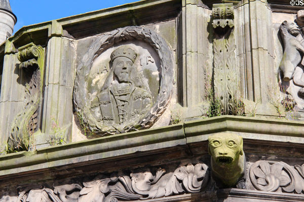 Mercat Cross parapet carved bas-relief of Stuart king James I in oval-frame (1686) by John Montgomery of Old Rayne on Castlegate square. Aberdeen, Scotland.
