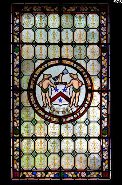 Stained glass window with coat of arms at Brodie Castle. Brodie, Scotland.