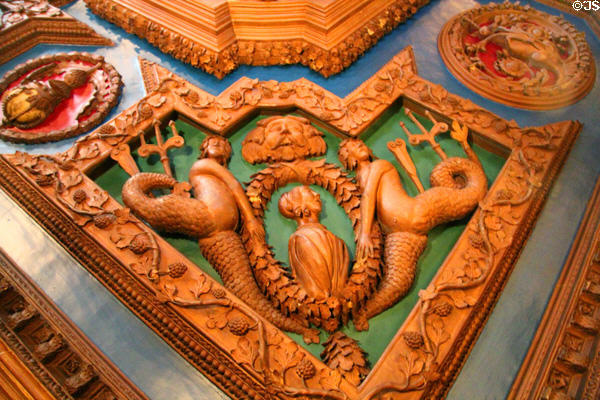 Sea creature s on dining room sculpted ceiling at Brodie Castle. Brodie, Scotland.