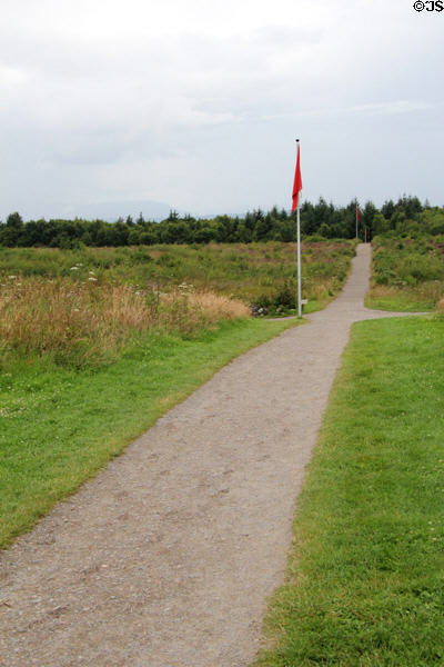 Flags mark initial position of English line of troops (April 16, 1746) at Culloden Battlefield. Culloden Moor, Scotland.