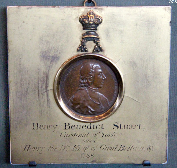 Medal of Henry Benedict Stuart, Cardinal York (1788) issued upon death of his brother Prince Charles Edward Stuart to assert Henry's right to throne of Great Britain at Culloden Moor Visitor Centre. Culloden Moor, Scotland.