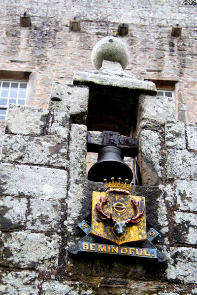 Bell & Be Mindful stag's head arms over entrance of Cawdor Castle. Cawdor, Scotland.