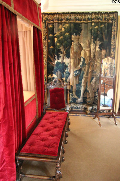 Flemish tapestry (c1682) with English Charles II day bed in tapestry bedroom at Cawdor Castle. Cawdor, Scotland.