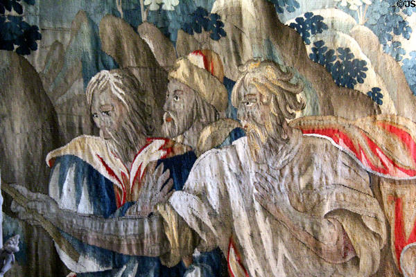Detail of Flemish tapestry (c1682) with Moses & Israelites crossing the Red Sea in tapestry bedroom at Cawdor Castle. Cawdor, Scotland.