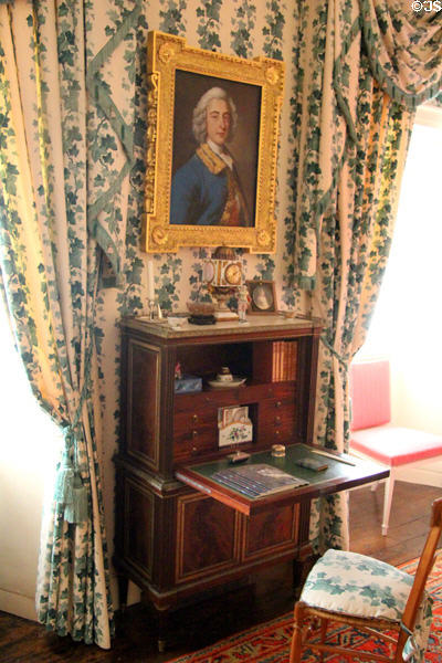 Pryse Campbell portrait (c1745) by William Hoare over French writing desk by Stockel in Woodcock bedroom at Cawdor Castle. Cawdor, Scotland.