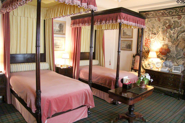 Pink bedroom with Chippendale beds & tapestries at Cawdor Castle. Cawdor, Scotland.
