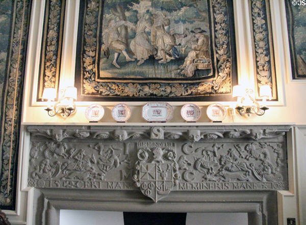 Stone mantle (1671) commemorates 1510 marriage of Sir John Campbell of Argyll to Muriel Calder of Cawdor of in dining room at Cawdor Castle. Cawdor, Scotland.