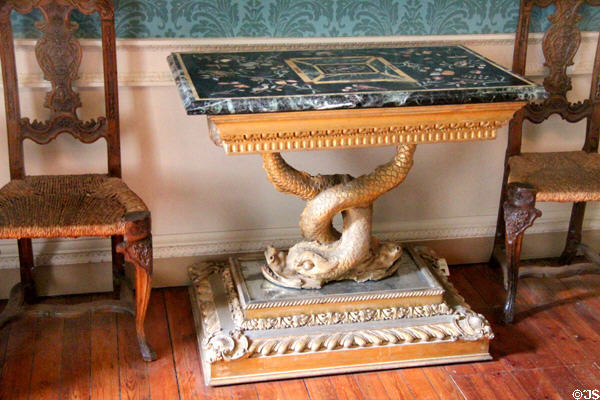 Pietra dure table supported by entwined dolphins in private drawing room at Duff House. Banff, Scotland.