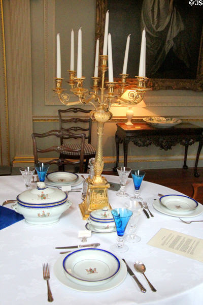 Dining room table set with Chinese armorial porcelain & with silver-gilt candelabra by Paul Storr of London at Duff House. Banff, Scotland.