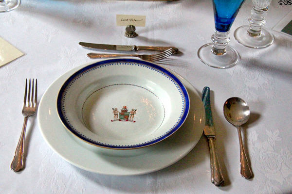 Chinese porcelain armorial soup bowl with arms of James Duff in dining room place setting at Duff House. Banff, Scotland.