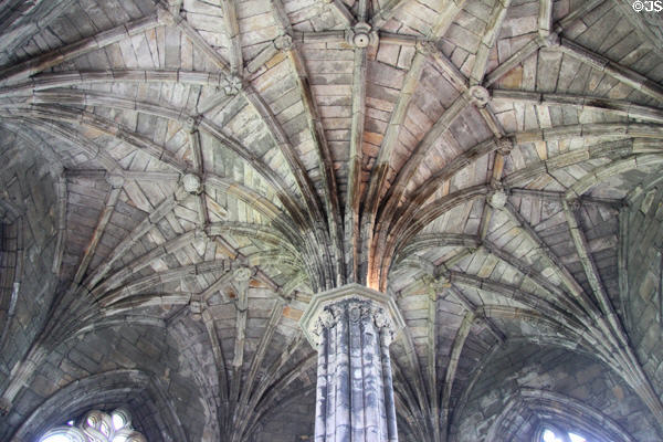 Chapter house ceiling with several carvings at Elgin Cathedral. Elgin, Scotland.