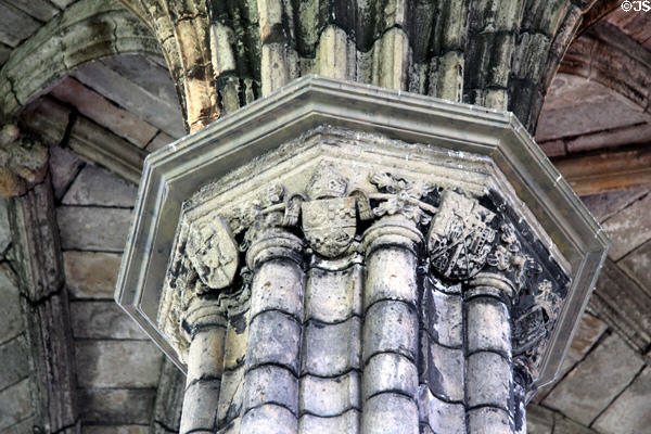 Carvings on chapter house column at Elgin Cathedral. Elgin, Scotland.
