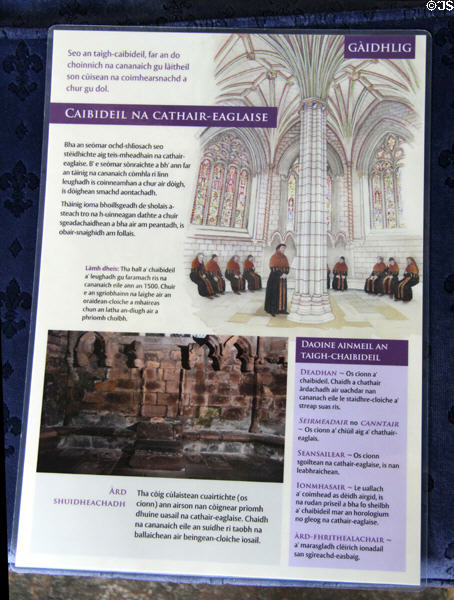 Gaelic copy of visitor's guide at Elgin Cathedral. Elgin, Scotland.