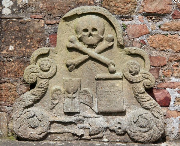 Tomb with symbols of death at Elgin Cathedral. Elgin, Scotland.