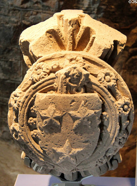 Vault boss (1400s) with Bishop of Moray's arms in museum at Elgin Cathedral. Elgin, Scotland.