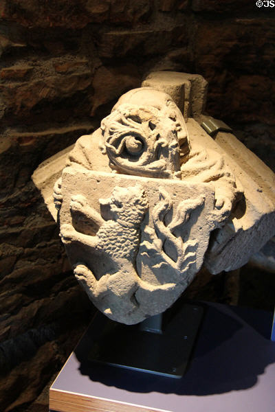 Vault boss (1400s) with Bishop Columba Dunbar's arms in museum at Elgin Cathedral. Elgin, Scotland.