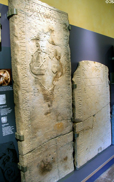 Tomb slabs (1600s) in museum at Elgin Cathedral. Elgin, Scotland.