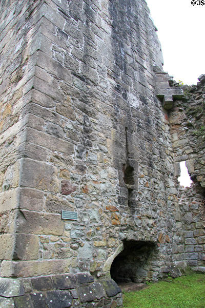 South-east corner tower with gun ports inserted mid 16th C at Spynie Palace. Elgin, Scotland.