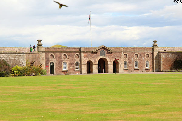 Adam's architecture of guardrooms flanking entrance arch at Fort George. Fort George, Scotland.