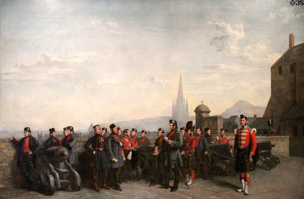 Group of 79th Regiment beside Mills Mount Battery of Edinburgh Castle painting (1854) by R.R, McIan at Fort George Highlanders' Museum. Fort George, Scotland.