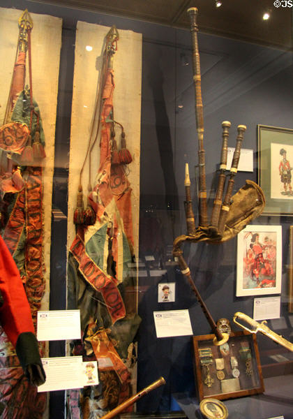 Bagpipes & objects from Battle of Waterloo at Fort George Highlanders' Museum. Fort George, Scotland.