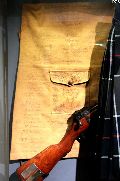 WWI kilt cover (1910) signed by Seaforth Highlanders of Canada at Fort George Highlanders' Museum. Fort George, Scotland.