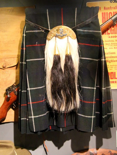 WWI kilt (1914) of Mackenzie tartan & sporran used by Canadian Scottish contingent at Fort George Highlanders' Museum. Fort George, Scotland.