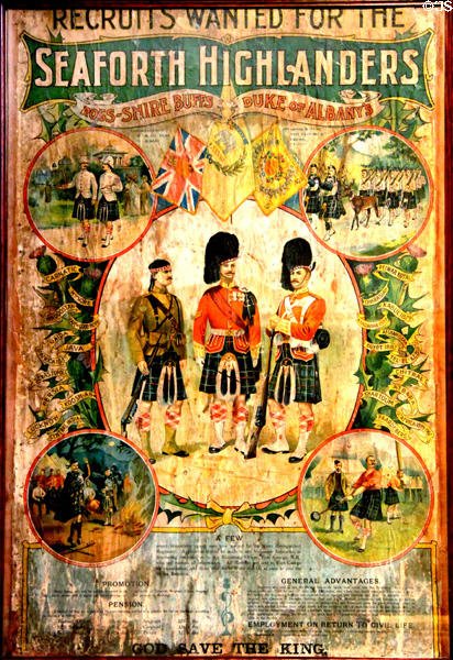 Recruiting poster (early 1900s) for Seaforth Highlanders at Fort George Highlanders' Museum. Fort George, Scotland.