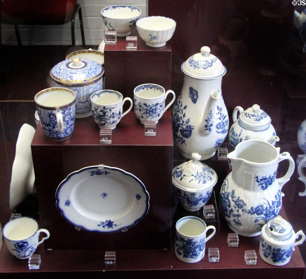 Caughley soft paste porcelain transfer printed or painted underglaze with cobalt blue (1776-99) at Coalport China Museum. Ironbridge, England.