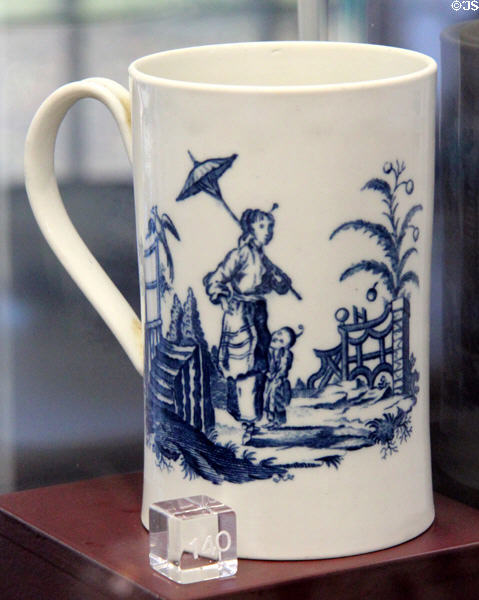 Caughley Porcelain cylindrical mug transfer printed with cobalt blue 'Promenade Chinoise' scene (c1780) at Coalport China Museum. Ironbridge, England.