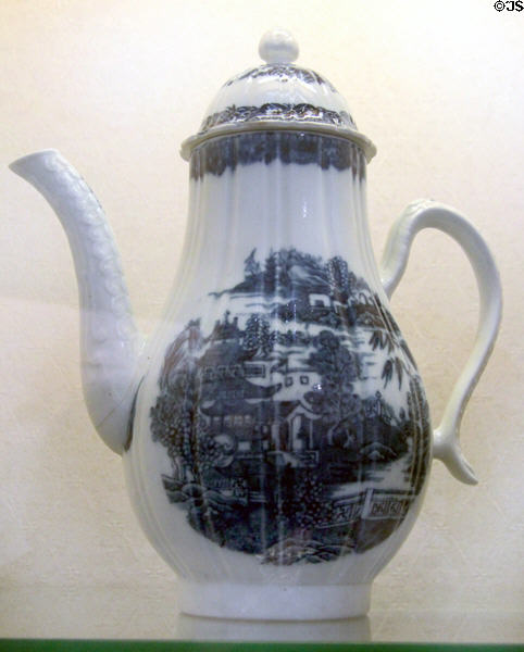 Caughley Porcelain fluted coffee pot transfer printed with cobalt blue mock Chinese Pagoda pattern (c1785-90) at Coalport China Museum. Ironbridge, England.