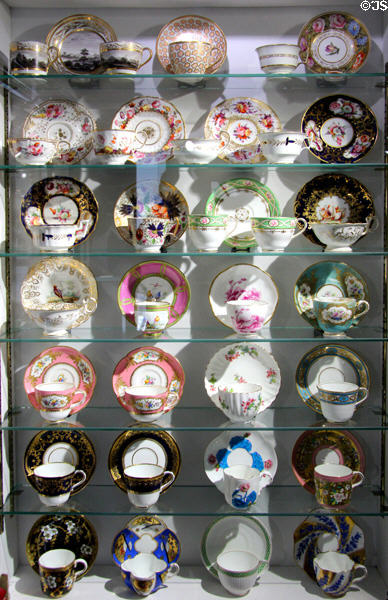 Collection of Coalport factory produced tea cups at Coalport China Museum. Ironbridge, England.