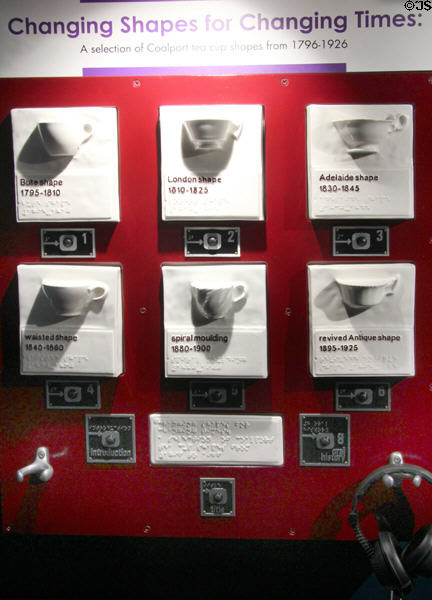 Display of changing shape of Coalport tea cups from 1795 to 1925 at Coalport China Museum. Ironbridge, England.