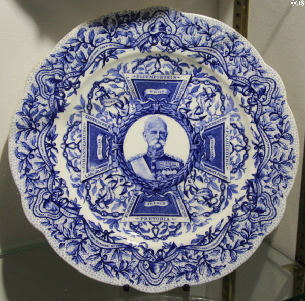 Coalport plate (c1906) printed with portrait of Field Marshall Lord Roberts commemorating South African (Boer) War at Coalport China Museum. Ironbridge, England.