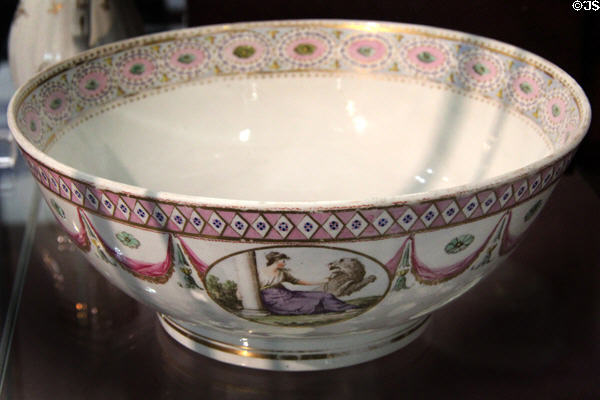 Caughley Porcelain punch bowl painted with classical scene panels linked with pink & blue border (c1790) at Coalport China Museum. Ironbridge, England.