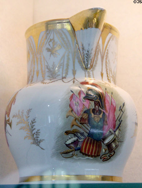 Coalport jug (c1803) painted with arms of Royal Wenlock Volunteers militia at Coalport China Museum. Ironbridge, England.