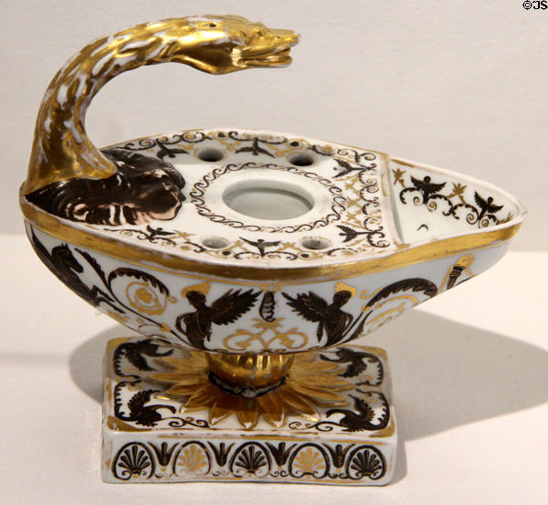 Coalport classical inkwell (1800-05) painted in black & gold at Coalport China Museum. Ironbridge, England.