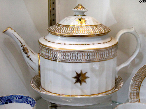 Oval faceted teapot & stand (c1802-5) garter star pattern 101 with gilt decoration perhaps by Coalport at Coalport China Museum. Ironbridge, England.