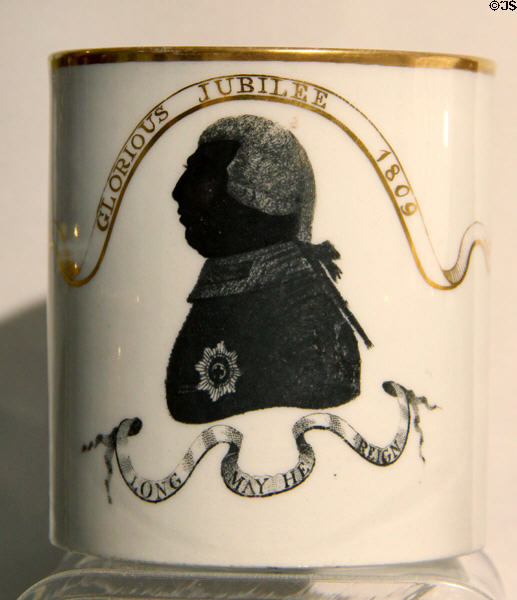 Mug (c1809) with print celebrating 50-year reign of King George III by unmarked at Coalport China Museum. Ironbridge, England.