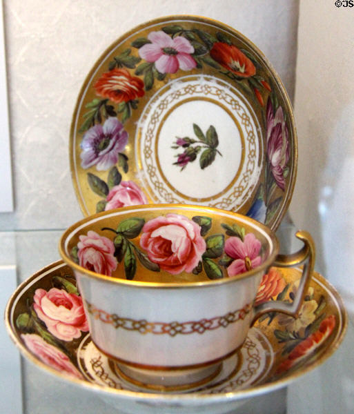 Porcelain cup & saucer (c1810-15) painted with flowers perhaps by John Rose of Coalport at Coalport China Museum. Ironbridge, England.