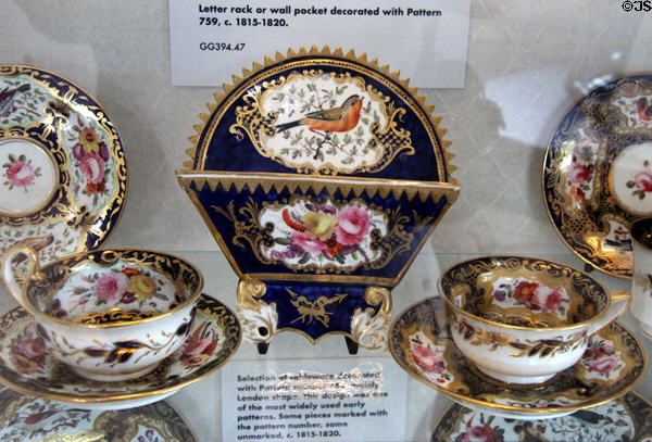 Ceramic items (c1815-20) pattern 759 with letter rack by unmarked at Coalport China Museum. Ironbridge, England.