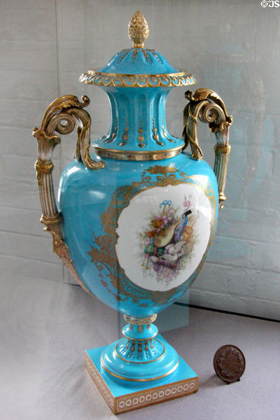 Northumberland vase in Bleu Celeste color (1862) by Coalport displayed at 1862 International Exhibition in London at Coalport China Museum. Ironbridge, England.