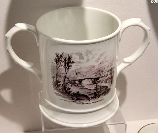 Large handled mug printed with view of Iron Bridge (c1870) at Coalport China Museum. Ironbridge, England.