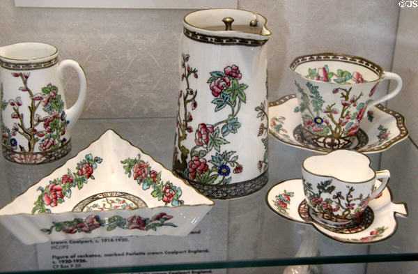 Cups & saucers plus jugs & tray decorated in Indian Tree pattern (c1920-6) by crown Coalport at Coalport China Museum. Ironbridge, England.