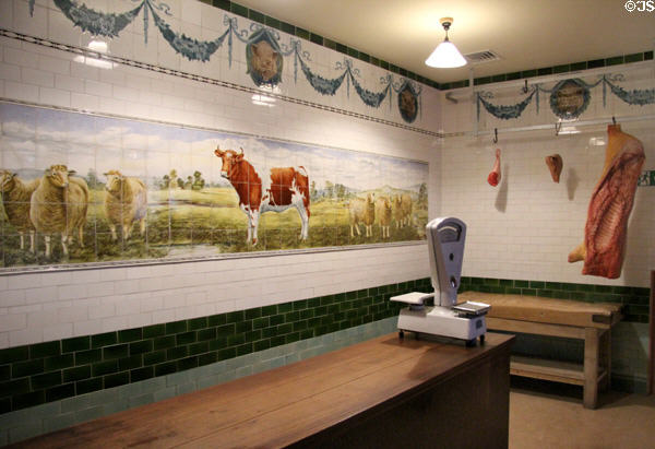 Butcher shop tile mural of sheep & cows (late 19thC) by Alfred Potter for Maw & Co at Jackfield Tile Museum. Ironbridge, England.