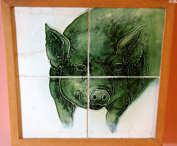 Butcher shop pig tile detail at Jackfield Tile Museum. Ironbridge, England.