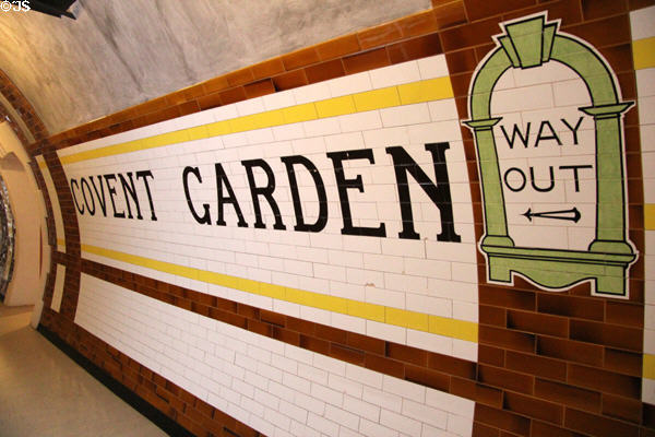 Covent Garden, London Underground station tiles replicas (2004) by Craven Dunnill of Jackfield after originals (1907) by Maw & Co at Jackfield Tile Museum. Ironbridge, England.