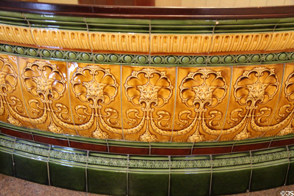 Details of pub tile replicas (2004) by Craven Dunnill of Jackfield after originals (c1900) by same firm at Jackfield Tile Museum. Ironbridge, England.