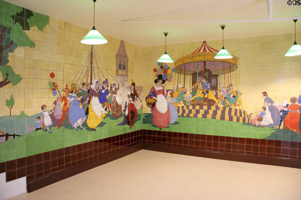 Middlesex Hospital, London wall tile murals showing Maypole & Fun of the Fair (1929) by Haydn Jensen for Carter & Co at Jackfield Tile Museum. Ironbridge, England.